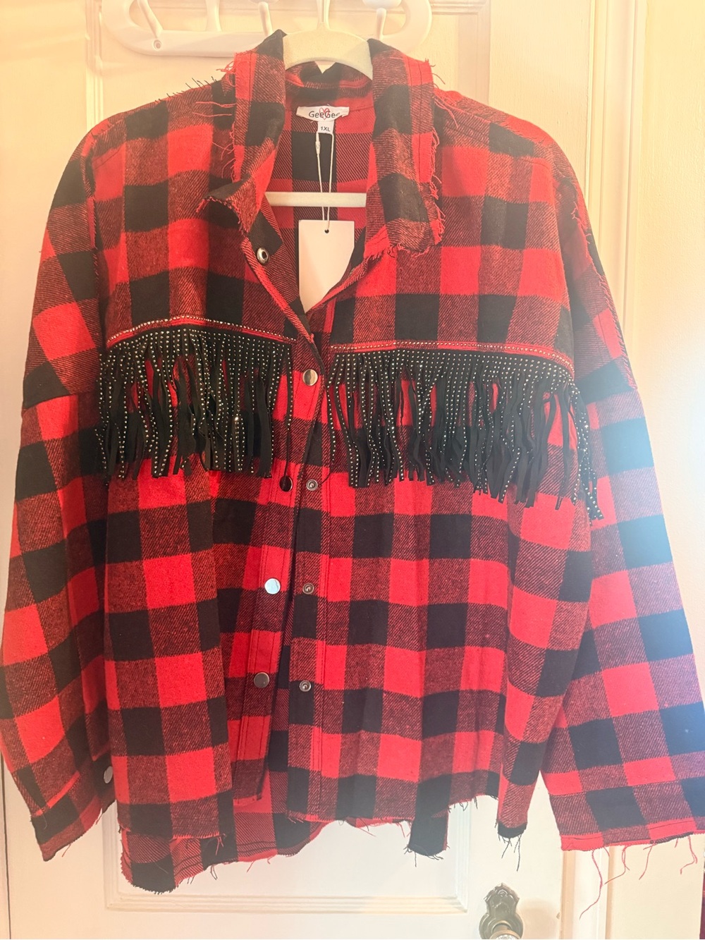 GeeGee Plus Red & Black Plaid Fringe Shacket